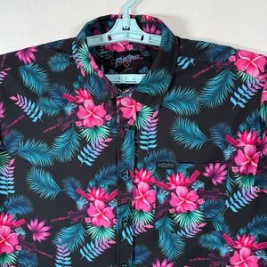 Retro Rifle Shirt Mens Large Black Tropics Button Down Hawaiian Floral‎ Stretch